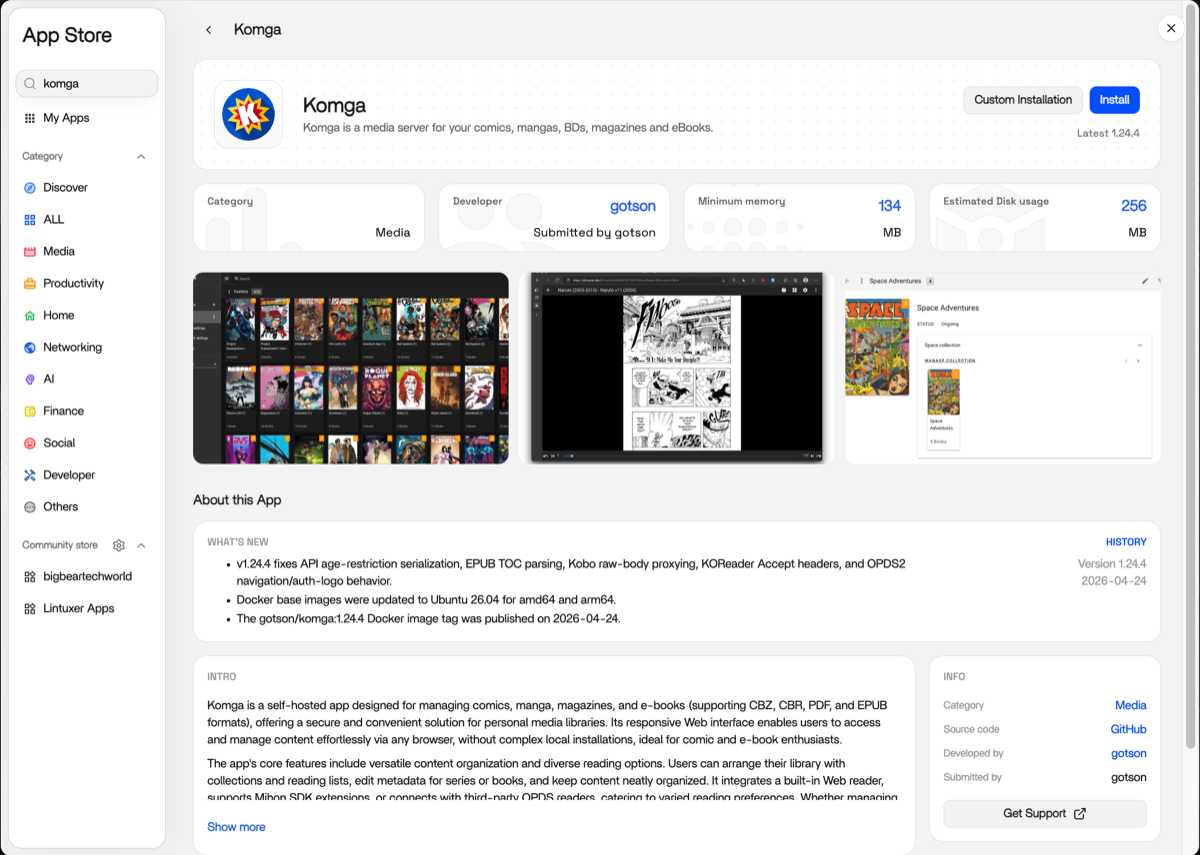 ZimaOS App Catalog showing the Komga app page