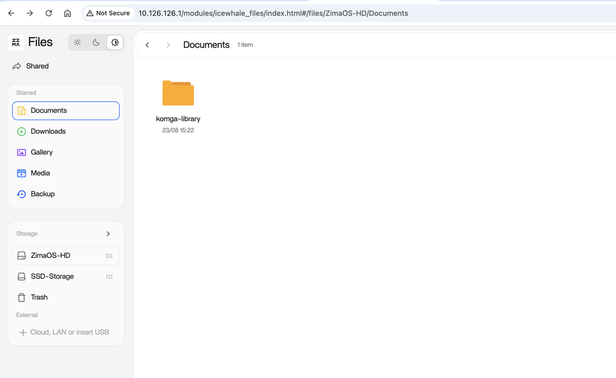 ZimaOS Files showing a komga-library folder