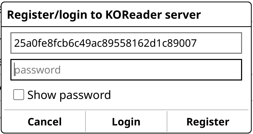 KOReader sync server login dialog