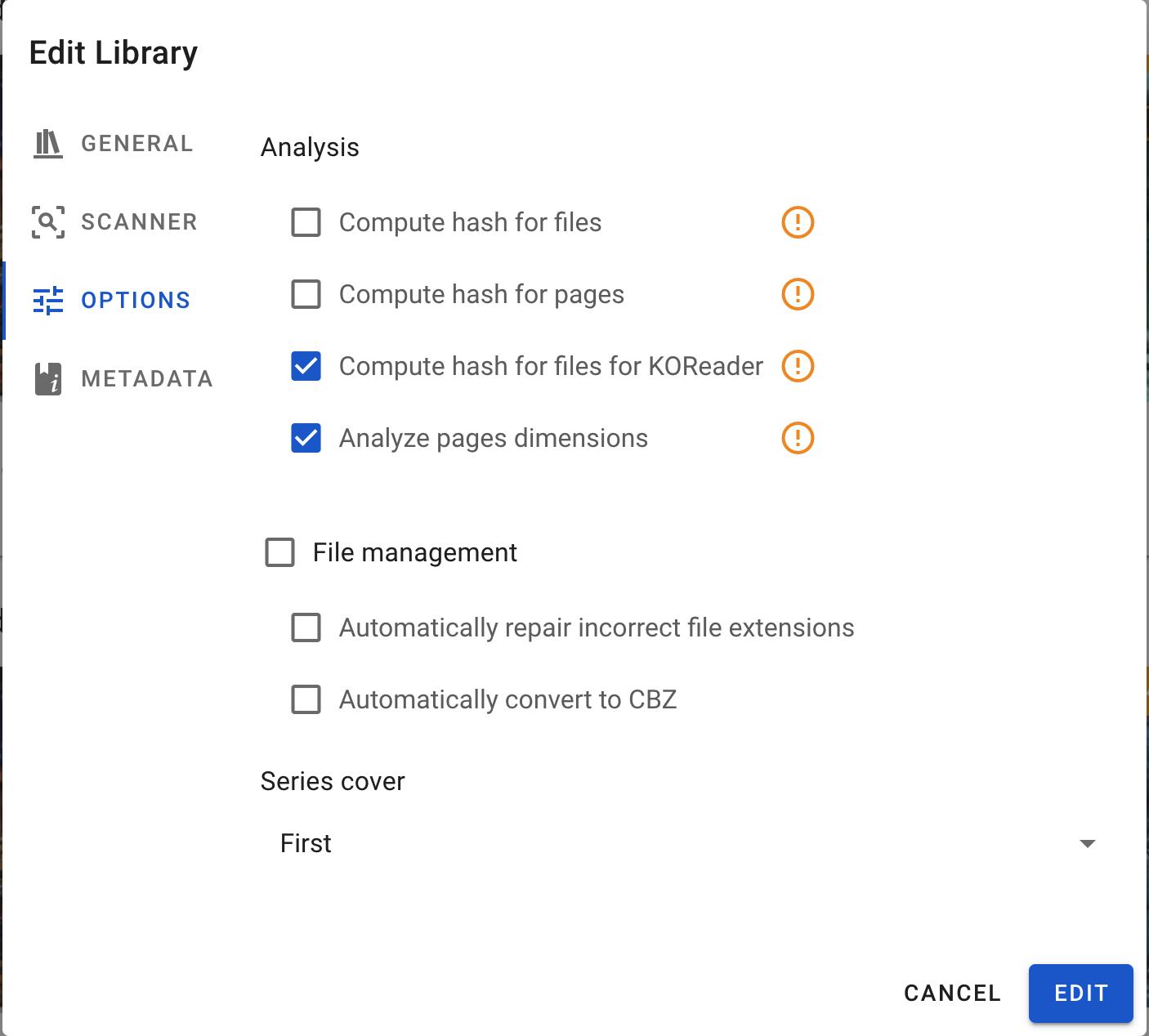 Add Library Dialog Options