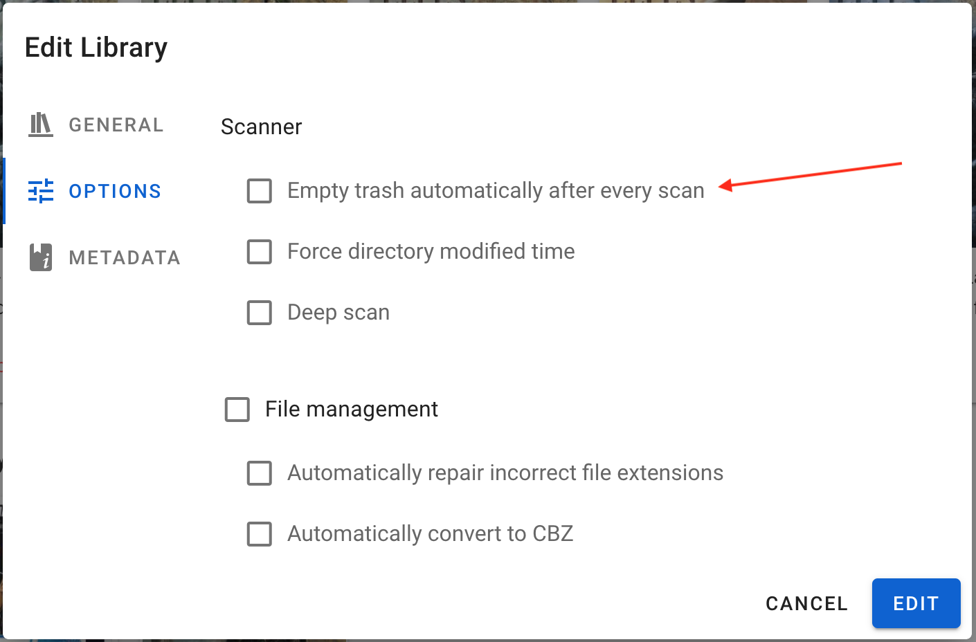 Empty trash automatically after every scan option