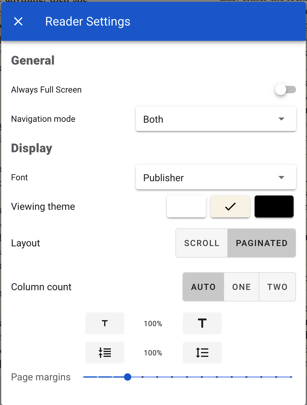 Webreader EPUB settings