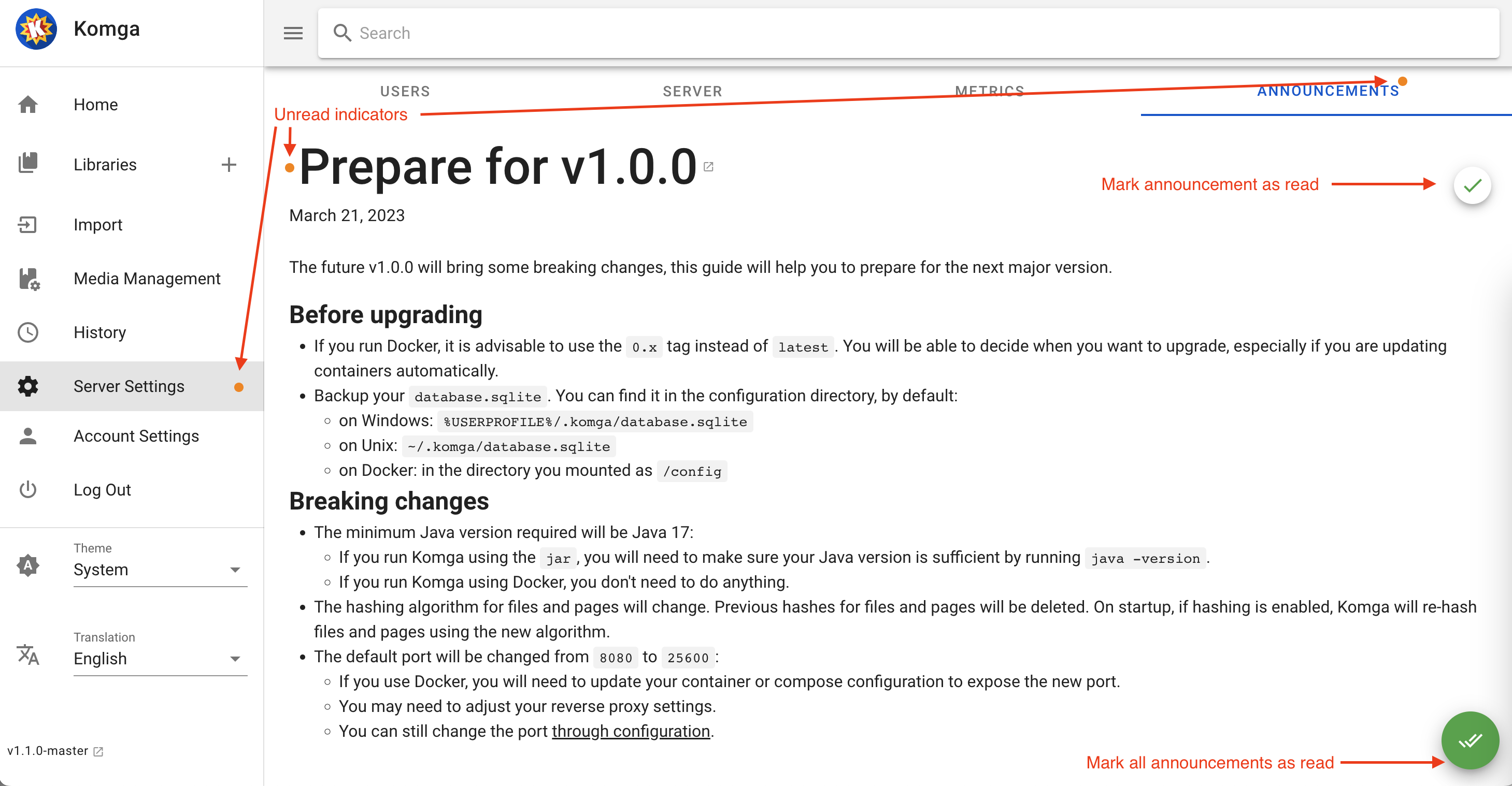 Announcements screenshot